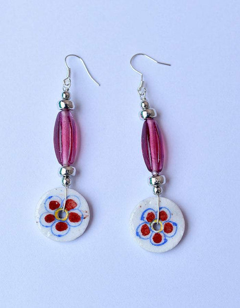Blue Pottery Round Flat beads With Glass Bead Earring in White Base With Red Flower